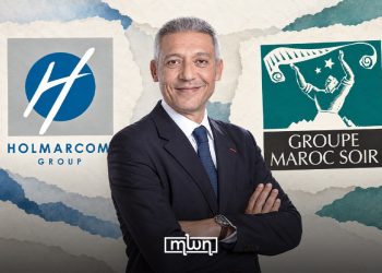 Mohamed Hassan Bensalah pictured between the Holmarcom Group and Groupe Maroc Soir logos. (Designed by MWN team)