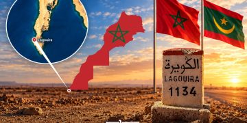 Illustration showing Lagouira’s location on Morocco’s Atlantic coast, alongside Moroccan and Mauritanian flags, a map of Morocco, and a border milestone. (Designed by MWN team)
