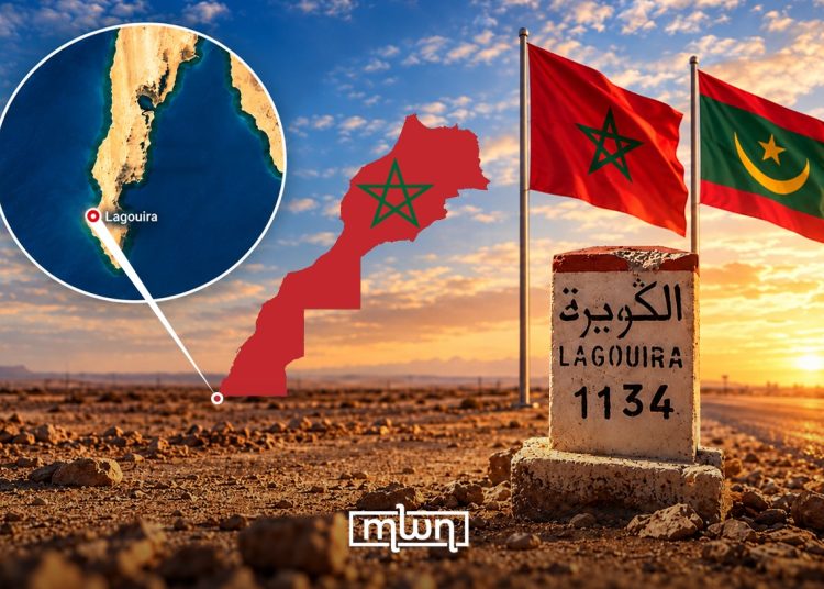 Illustration showing Lagouira’s location on Morocco’s Atlantic coast, alongside Moroccan and Mauritanian flags, a map of Morocco, and a border milestone. (Designed by MWN team)