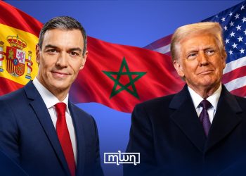Illustration featuring Spanish Prime Minister Pedro Sánchez and US President Donald Trump, with the flags of Spain, Morocco, and the United States in the background. (Designed by MWN team)