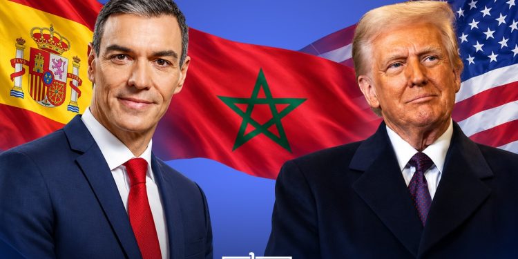 Illustration featuring Spanish Prime Minister Pedro Sánchez and US President Donald Trump, with the flags of Spain, Morocco, and the United States in the background. (Designed by MWN team)