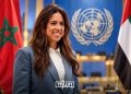 An image depicting UAE diplomat Lana Zaki Nusseibeh, with the Moroccan and Emirati flags on either side and the United Nations emblem in the background. (Designed by MWN team)