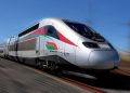 Morocco’s Al Boraq high-speed train operated by ONCF travels along railway tracks.