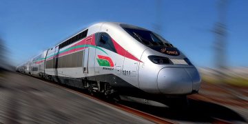 Morocco’s Al Boraq high-speed train operated by ONCF travels along railway tracks.
