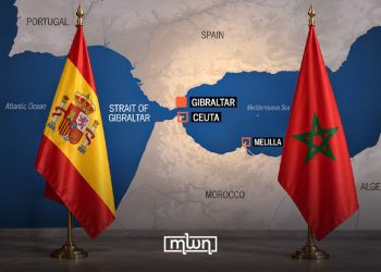 Illustration featuring Moroccan and Spanish flags against a map of the Strait of Gibraltar, highlighting Ceuta, Melilla, and Gibraltar. (Designed by MWN team)