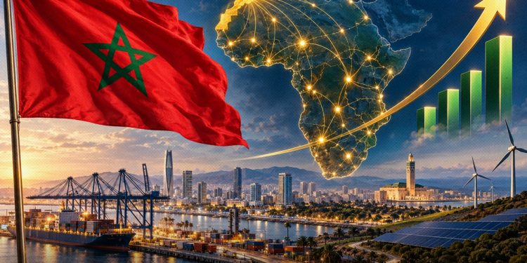 A graphic showing the Moroccan flag, a connected map of Africa, port infrastructure, and an upward-trending chart, by MWN Design Team.