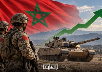 An illustration depicting Moroccan soldiers and a battle tank against the national flag, with an upward arrow symbolizing increased defense spending. (Designed by MWN team)