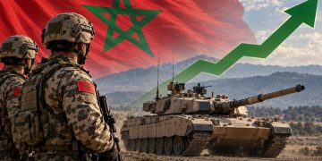 An illustration depicting Moroccan soldiers and a battle tank against the national flag, with an upward arrow symbolizing increased defense spending. (Designed by MWN team)