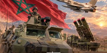An illustration depicting Moroccan military personnel, armored vehicles, a missile defense system, and F-16 fighter jets against the backdrop of Morocco’s national flag. (Designed by MWN team)
