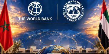 An illustrative image featuring the World Bank and IMF logos, flanked by the Moroccan and UAE flags against a global economic backdrop. (Designed by MWN team)