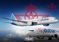 Flydubai aircraft pictured against a backdrop featuring the Royal Air Maroc logo. (Designed by MWN team)