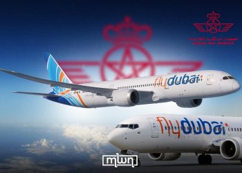 Flydubai aircraft pictured against a backdrop featuring the Royal Air Maroc logo. (Designed by MWN team)