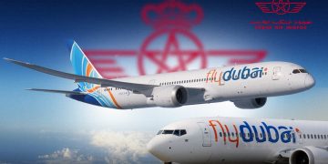 Flydubai aircraft pictured against a backdrop featuring the Royal Air Maroc logo. (Designed by MWN team)