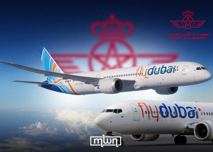Flydubai aircraft pictured against a backdrop featuring the Royal Air Maroc logo. (Designed by MWN team)