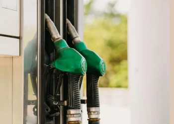 Two green fuel pump nozzles at a gas station, illustrating gasoline and diesel distribution.