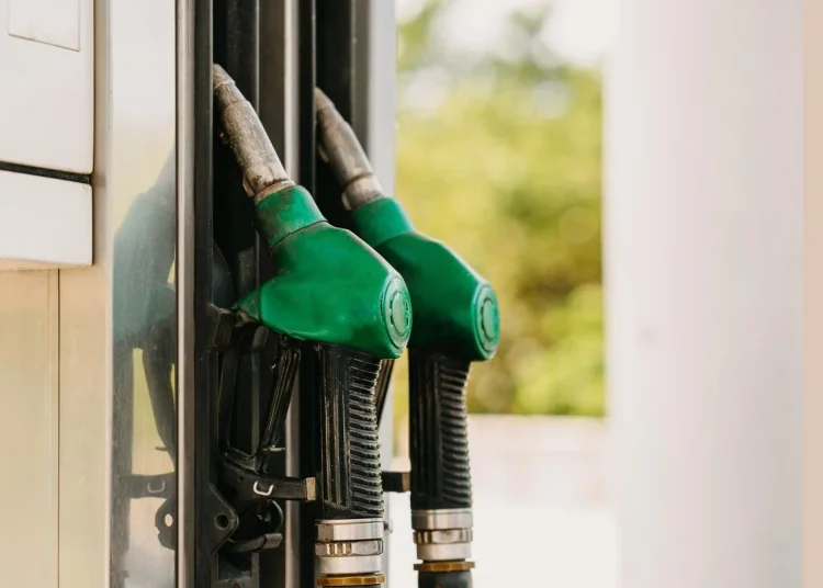 Two green fuel pump nozzles at a gas station, illustrating gasoline and diesel distribution.