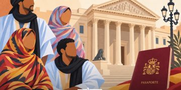 Illustration of Sahrawis alongside a Spanish passport. (Designed by MWN team)
