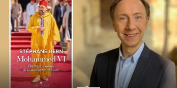 A composite image featuring French historian and author Stéphane Bern alongside his new book, Mohammed VI: Héritage et destin de la monarchie alaouite, featuring King Mohammed VI on its cover. (Designed by MWN team)