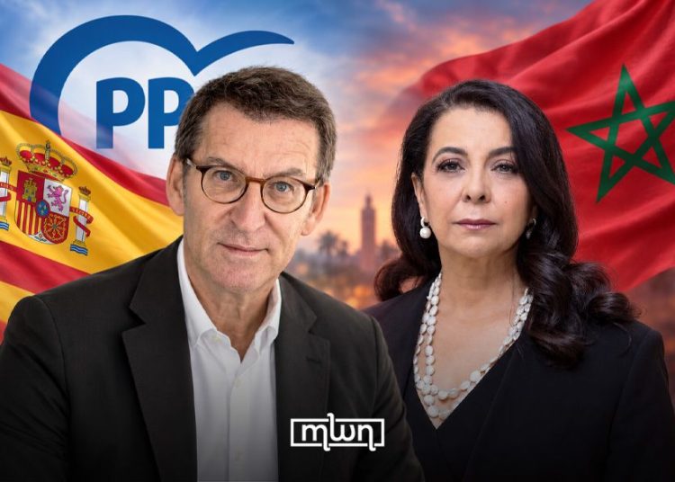 A composite image featuring Spanish opposition leader and People’s Party (PP) President Alberto Núñez Feijóo and Morocco’s Ambassador to Spain, Karima Benyaich, against their countries’ flags. (Designed by MWN team)