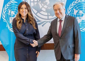 UAE Minister of State and former Permanent Representative to the UN Lana Nusseibeh shakes hands with UN Secretary-General António Guterres during a meeting at UN headquarters in New York in April 2024.