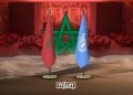 An illustration featuring the Moroccan and United Nations flags against the backdrop of the Sahara desert and a UN meeting hall. (Designed by MWN team)