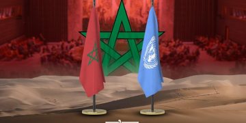 An illustration featuring the Moroccan and United Nations flags against the backdrop of the Sahara desert and a UN meeting hall. (Designed by MWN team)