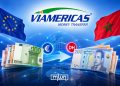 Viamericas’ logo pictured between the European Union and Moroccan flags, with euro and Moroccan dirham banknotes symbolizing cross-border money transfers to Morocco. (Designed by MWN team)