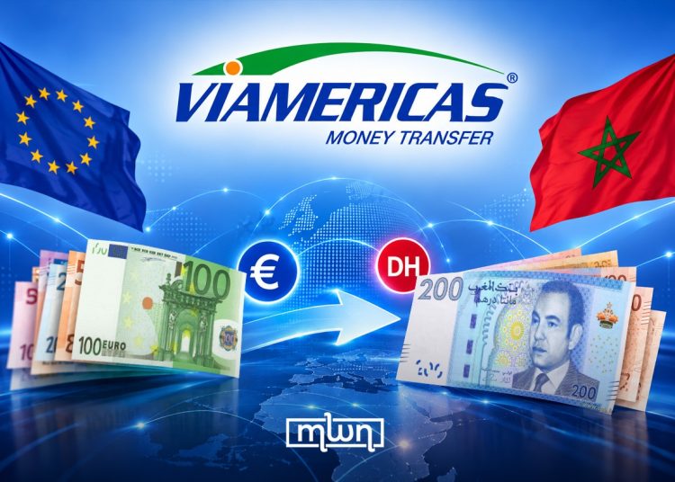 Viamericas’ logo pictured between the European Union and Moroccan flags, with euro and Moroccan dirham banknotes symbolizing cross-border money transfers to Morocco. (Designed by MWN team)