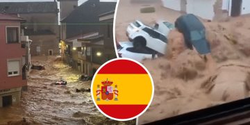 A graphic featuring scenes of flooding in Madrigueras, Spain, by MWN Design Team.