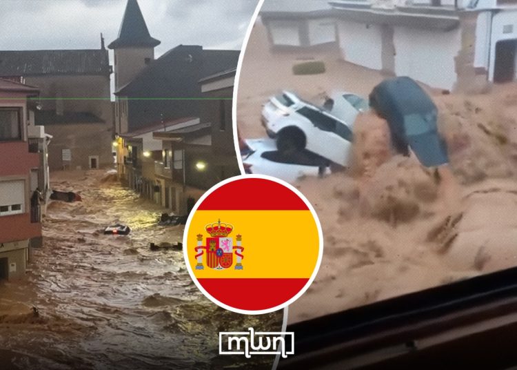A graphic featuring scenes of flooding in Madrigueras, Spain, by MWN Design Team.