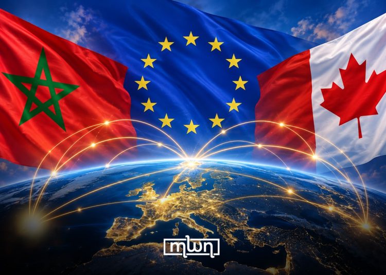 A graphic featuring the flags of Morocco, the European Union, and Canada, by MWN Design Team.