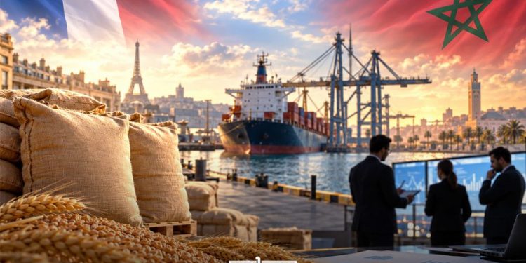 A graphic featuring Morocco-France trade and grain exports, with the flags of Morocco and France, by MWN Design Team.