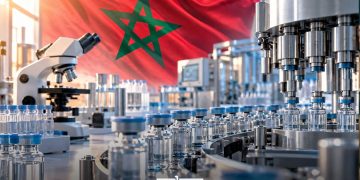 A graphic featuring Morocco’s pharmaceutical and biotechnology industry, with laboratory equipment and pharmaceutical production, by MWN Design Team.