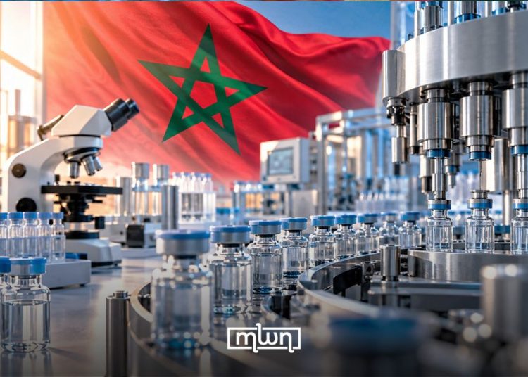 A graphic featuring Morocco’s pharmaceutical and biotechnology industry, with laboratory equipment and pharmaceutical production, by MWN Design Team.