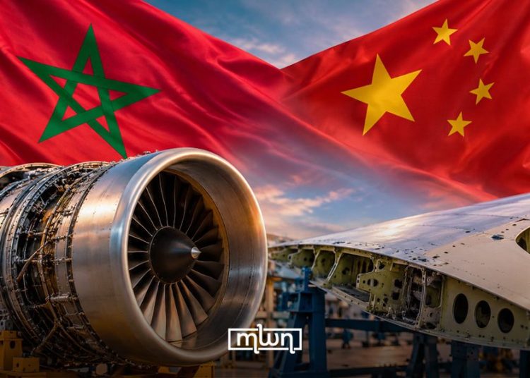 A graphic featuring the Moroccan and Chinese flags alongside aircraft engines and aerospace manufacturing, by MWN Design Team.