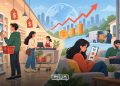 A graphic illustrating rising consumer prices, grocery shopping, and the shift toward online shopping, by MWN Design Team.