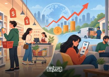 A graphic illustrating rising consumer prices, grocery shopping, and the shift toward online shopping, by MWN Design Team.