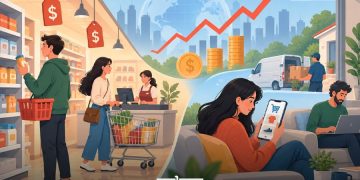 A graphic illustrating rising consumer prices, grocery shopping, and the shift toward online shopping, by MWN Design Team.