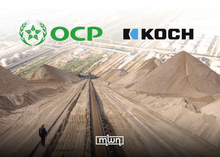 A graphic featuring OCP Group and Koch against the backdrop of a phosphate mining and processing site, by MWN Design Team.