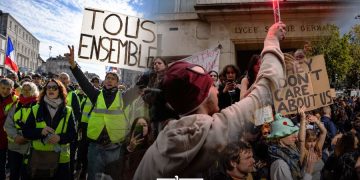 A graphic featuring protests in France by students and yellow vests, by MWN Design Team.