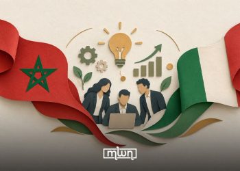 A graphic illustrating business cooperation between Morocco and Italy, featuring the two countries’ flags and a team of professionals, by MWN Design Team.