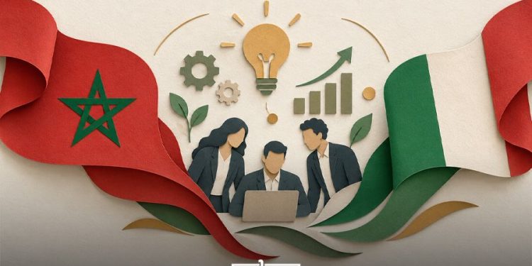 A graphic illustrating business cooperation between Morocco and Italy, featuring the two countries’ flags and a team of professionals, by MWN Design Team.