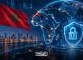 A graphic illustrating Morocco’s role in African cybersecurity and digital sovereignty, featuring the Moroccan flag, a connected map of Africa, and a digital security shield, by MWN Design Team.