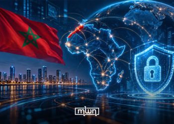 A graphic illustrating Morocco’s role in African cybersecurity and digital sovereignty, featuring the Moroccan flag, a connected map of Africa, and a digital security shield, by MWN Design Team.
