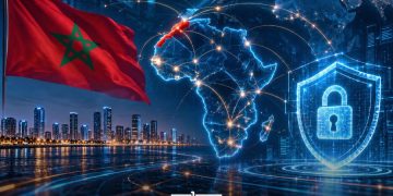A graphic illustrating Morocco’s role in African cybersecurity and digital sovereignty, featuring the Moroccan flag, a connected map of Africa, and a digital security shield, by MWN Design Team.