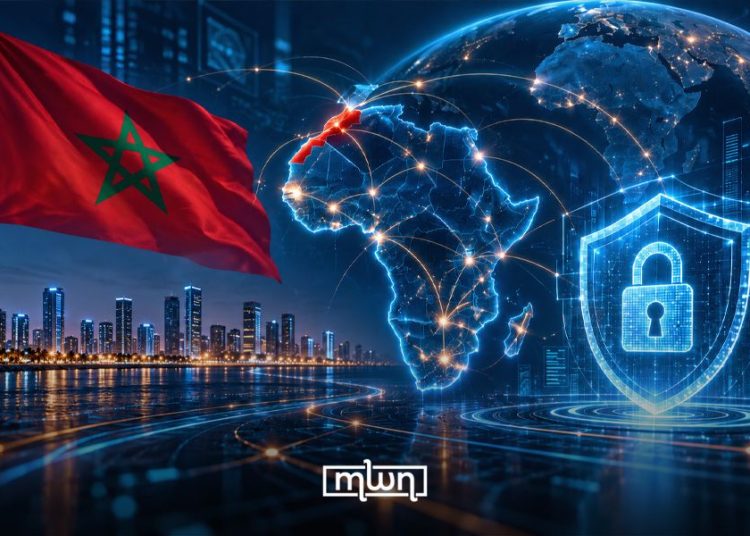 A graphic illustrating Morocco’s role in African cybersecurity and digital sovereignty, featuring the Moroccan flag, a connected map of Africa, and a digital security shield, by MWN Design Team.