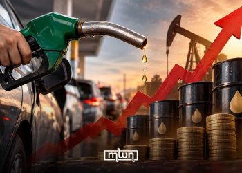 A graphic illustrating rising oil prices and their impact on fuel costs, featuring a gas pump, oil barrels, and an upward-trending arrow, by MWN Design Team.