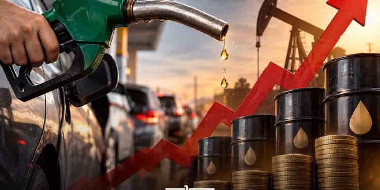 A graphic illustrating rising oil prices and their impact on fuel costs, featuring a gas pump, oil barrels, and an upward-trending arrow, by MWN Design Team.