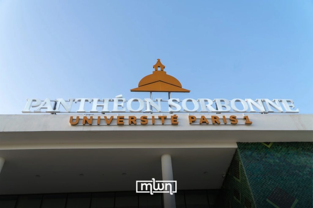 The newly installed Paris 1 Panthéon-Sorbonne University signage atop the Shared International Campus building at the Euro-Mediterranean University of Fez (UEMF). / MWN Photography Team