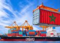 A graphic featuring a shipping container bearing the Moroccan flag at a commercial port, by MWN Design Team.